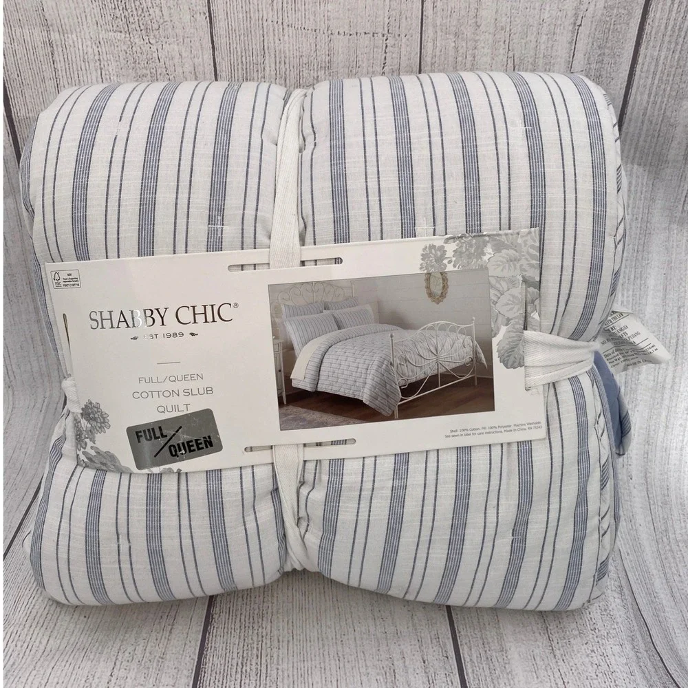 Shabby Chic Quilt Full/Queen Blue White Cotton Slub Ticking Stripe Farmhouse